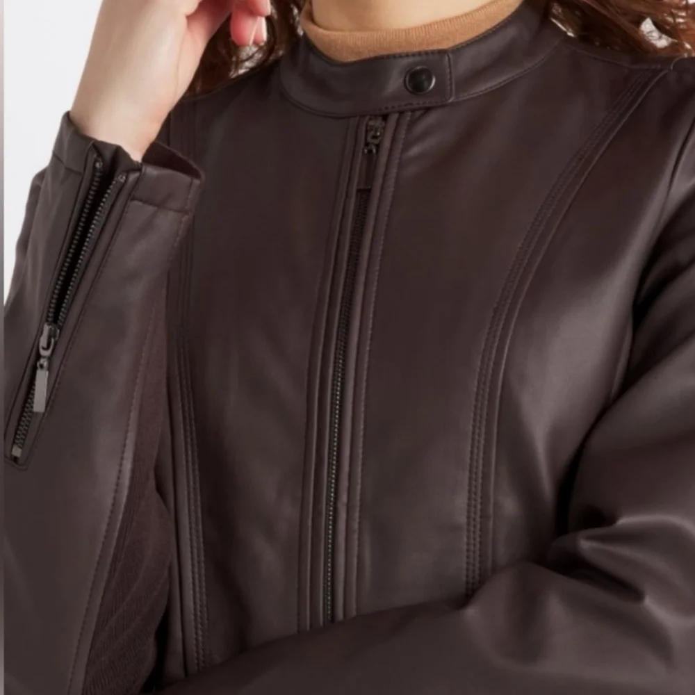 NEW Mo-Ka Faux Leather Jacket Lined Zip Pockets  Chocolate Burgundy Plum Small - Picture 15 of 16